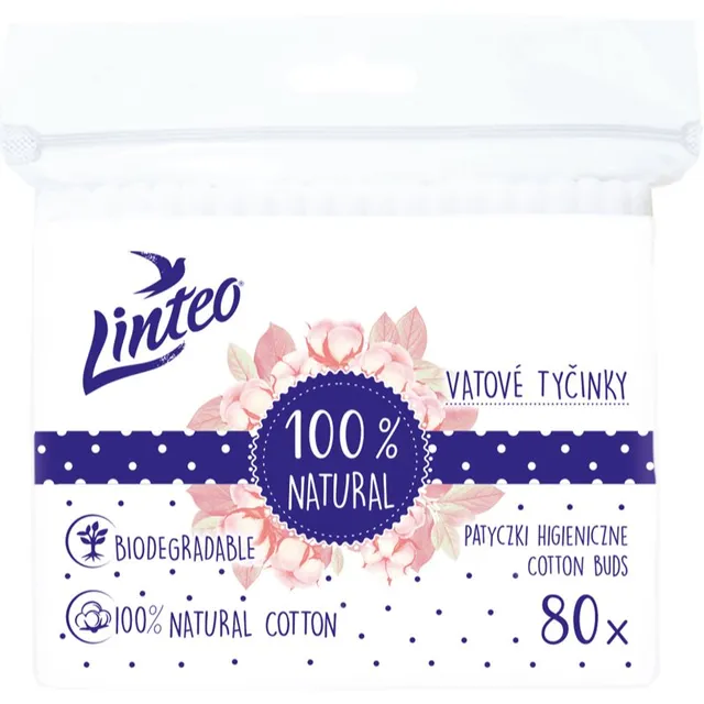 Linteo Natural Cotton Buds vatitikud kotikeses 80 tk