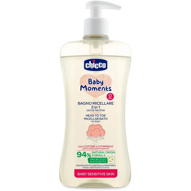 Chicco Baby Moments Sensitive Mitsellaaršampoon kehale ja juustele 500 ml