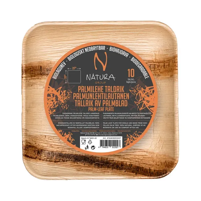 Palmilehest taldrik ruut 20x20cm, NATURA GROUP, 10 tk