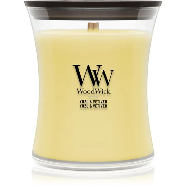 Woodwick Yuzu & Vetiver lõhnaküünal puidust taht 275 g