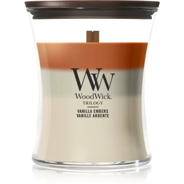 Woodwick Trilogy Vanilla Embers lõhnaküünal puidust taht 275 g