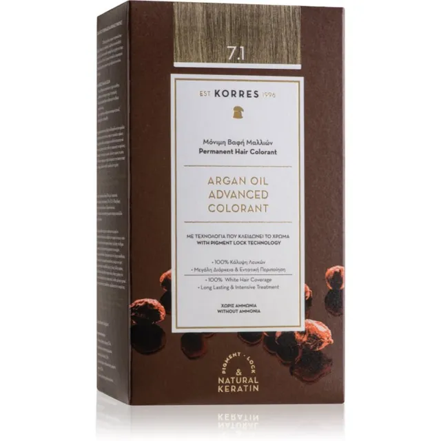 Korres Argan Oil Püsijuuksevärv argaaniaõliga varjund 7.1 Ash Blonde 50 ml