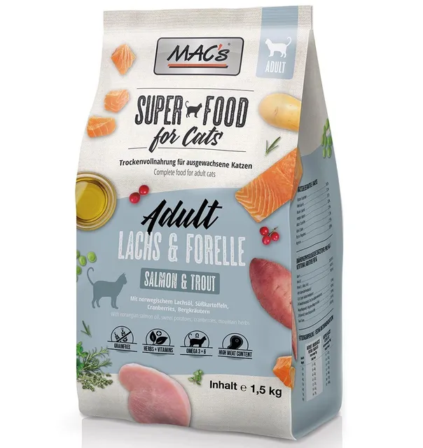 MAC's LÕHE ja FORELLIGA teraviljavaba kuivtoit kassile (Superfood Cat Salmon & Trout Dry Food)