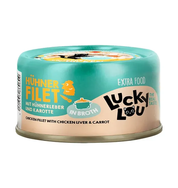 Lucky Lou Extra Food kanafilee kanamaksa ja porgandiga puljongis, konserv kassile 70 g