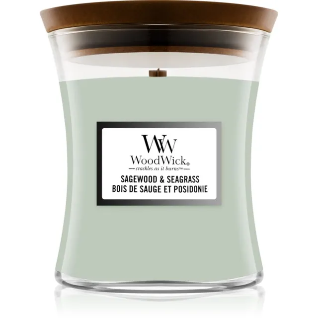 Woodwick Sagewood & Seagrass lõhnaküünal puidust taht 275 g