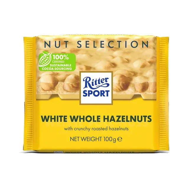 Valge šokolaad tervete metspähklitega, RITTER SPORT, 100 g