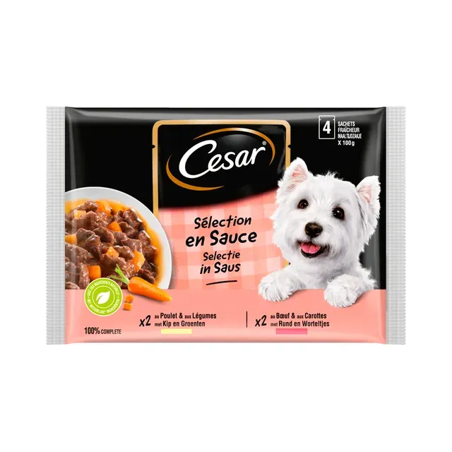 Täistoit. Koeraeine kanaliha-köögiviljadega ja loomaliha-köögiviljadega kastmes, CESAR, 400g