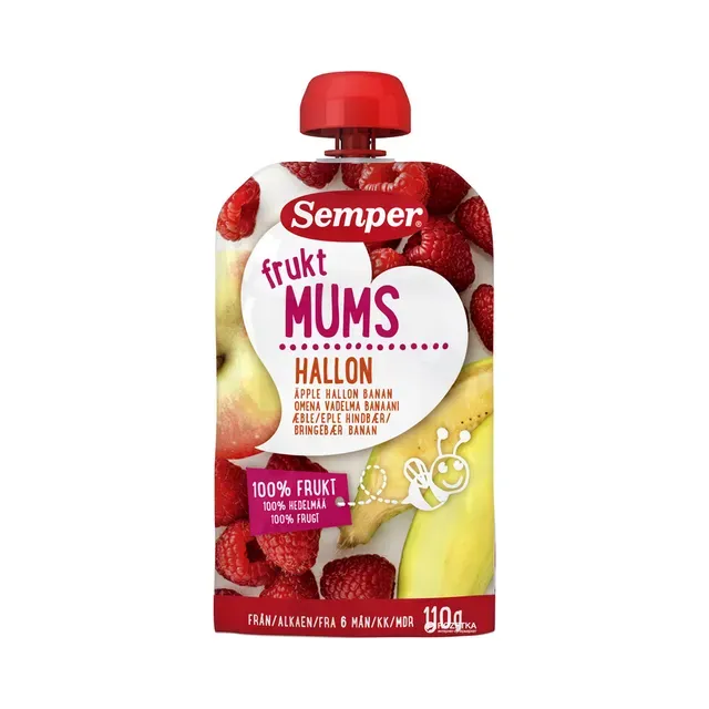Fruktmums puuviljapüree õuna, vaarika, banaani 6+, SEMPER, 110 g