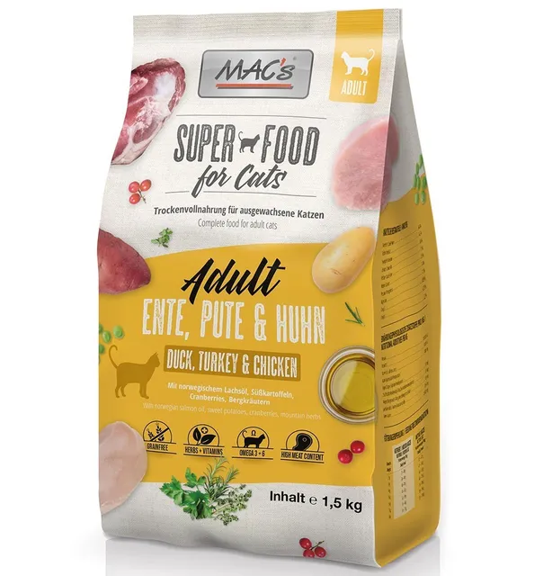 MAC's PARDI-, KALKUNI- ja KANALIHAGA teraviljavaba kuivtoit kassile (Superfood Cat Duck, Turkey & Chicken Dry Food)