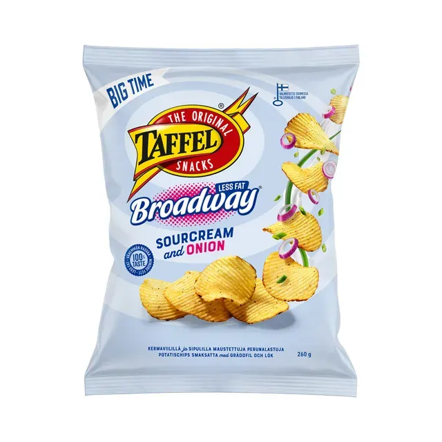 Kartulikrõpsud Broadway hapukoore- ja sibulamaitselised Less Fat, TAFFEL, 260 g