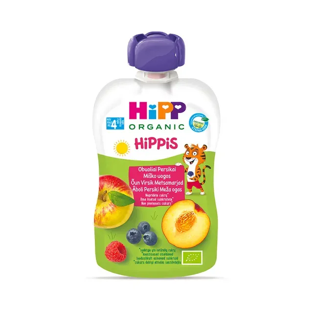 Õunapüree virsiku ja metsamarjadega mahe 4+, HIPP, 100 g