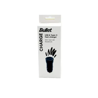 Autolaadija USB QC3.0+USB-C 2,4A Bullet