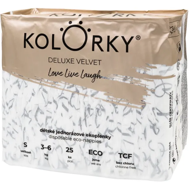 Kolorky Deluxe Velvet Love Live Laugh ühekordselt kasutatavad ökomähkmed suurus S 3-6 Kg 25 tk