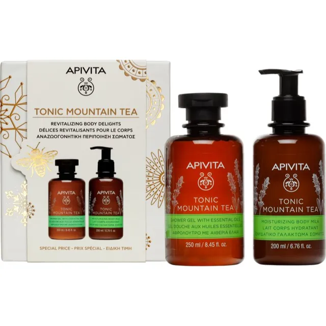 Apivita Tonic Mountain Tea Shower Gel & Body Milk Set Kinkekomplekt sära andmiseks ja niisutamiseks