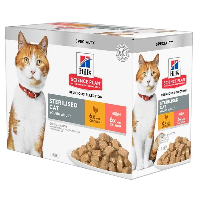 Hill's SP Young Sterilised kassi einekotikeste multipakk, lõhe/kana, 12x85 g