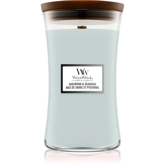 Woodwick Sagewood & Seagrass lõhnaküünal puidust taht 609 g