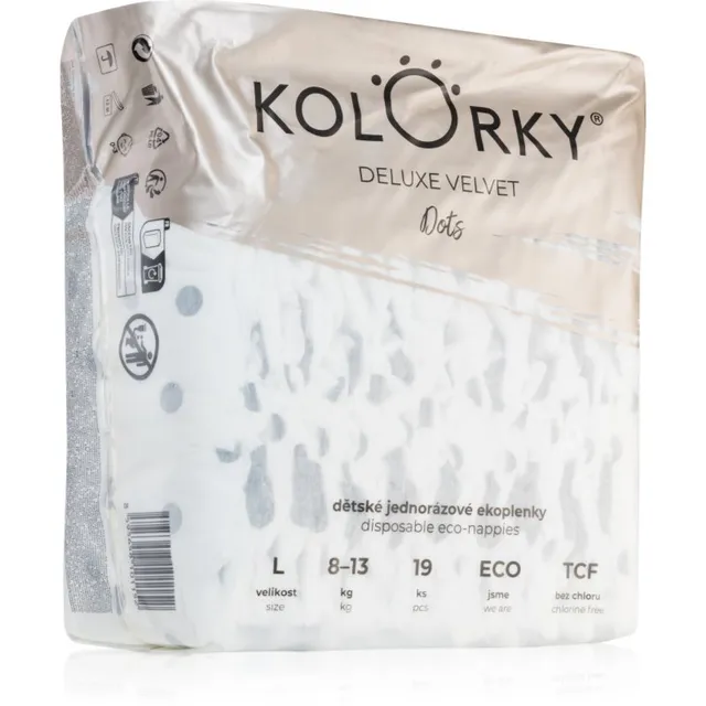 Kolorky Deluxe Velvet Dots ühekordselt kasutatavad ökomähkmed suurus L 8-13 kg 19 tk