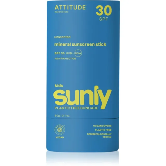 Attitude Sunly Kids Sunscreen Stick Mineraalne päikesekaitsekreem pulgakujuline lastele SPF 30 60 g