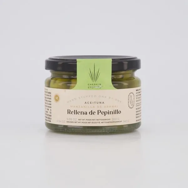 Kornišoni kurgiga täidetud roheline Manzanilla oliivid 280g Hispaania