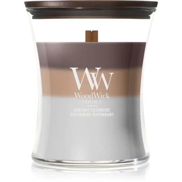 Woodwick Trilogy Radiant Cashmere lõhnaküünal puidust taht 275 g