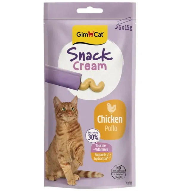 GimCat Snack Cream kreemjas maius kassile, kanalihaga, 6 x 15 g kotikest