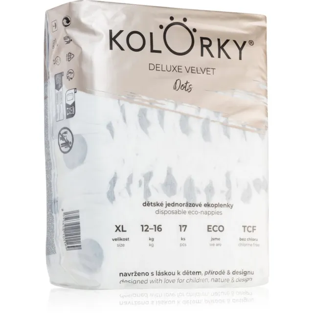 Kolorky Deluxe Velvet Dots ühekordselt kasutatavad ökomähkmed suurus XL 12-16 kg 17 tk