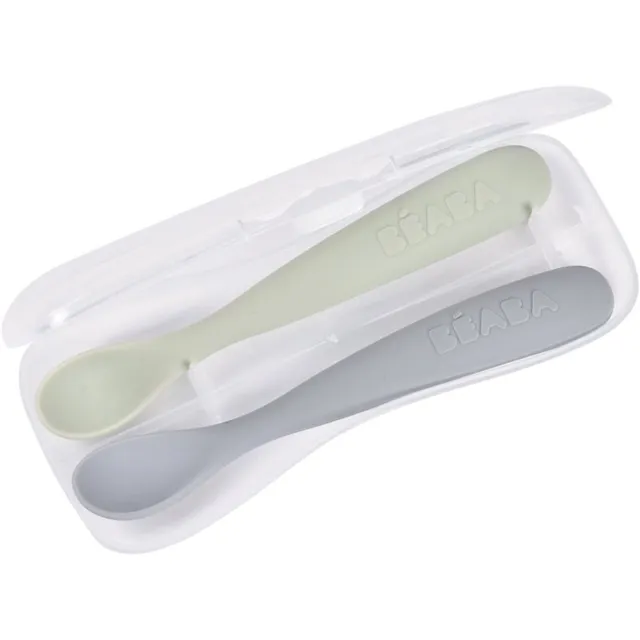 Beaba Set of 2 Ergonomic Spoons lusikas koos ümbrisega Pebble Green 4m+ 2 tk