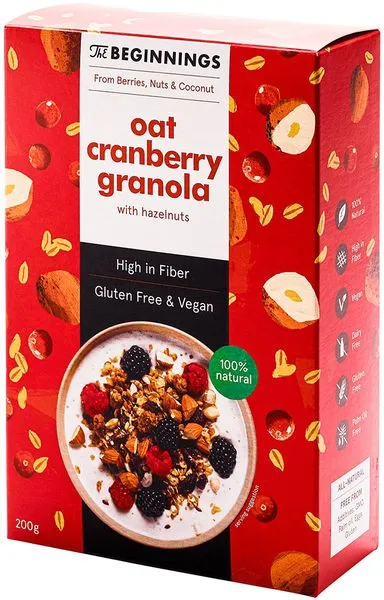 Kaera granola jõhvikate ja sarapuupähklitega