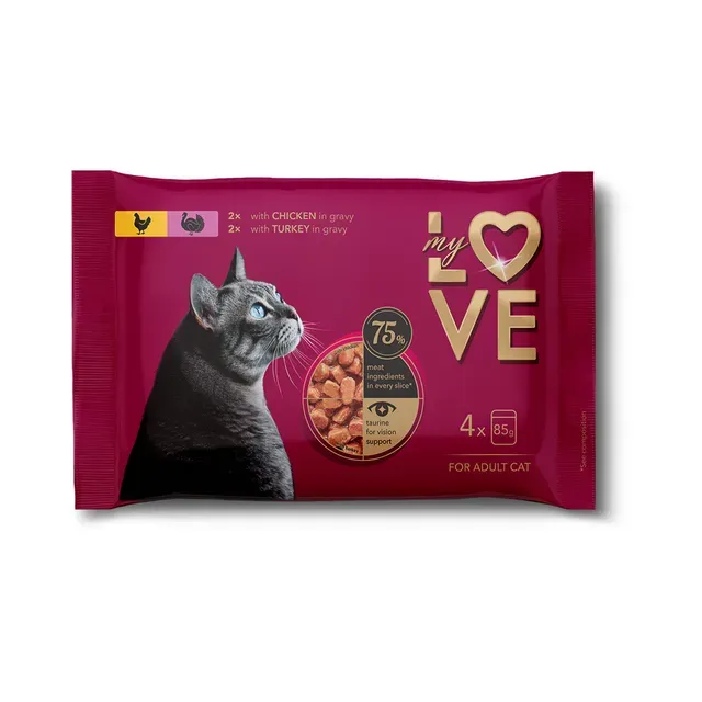 Täissööt. Konserv täiskasvanud kassile, kana- ja kalkuniliha kastmes 4x85g, MY LOVE, 340 g