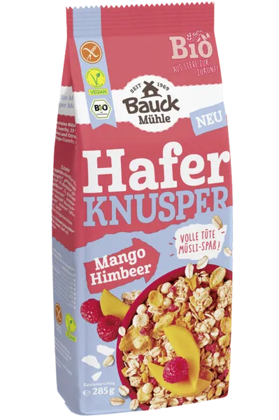 Krõbedad hommikusöögi kaerahelbed mangoga ja vaarikatega, ökoloogilised