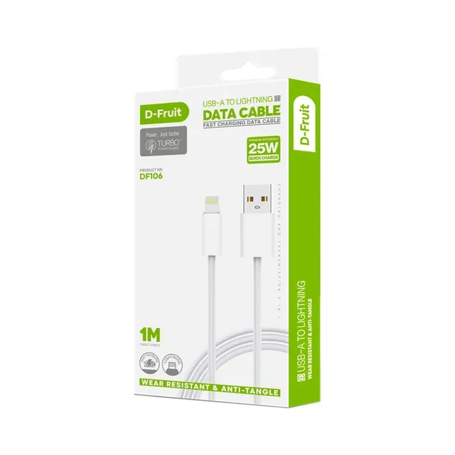 Kaabel USB-A - Lightning 1m, valge, D-FRUIT, 1 tk