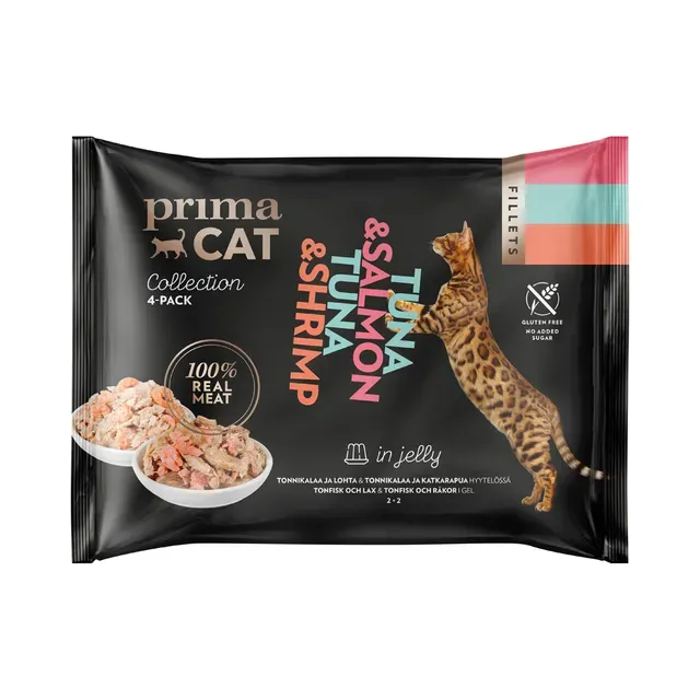 Lisasööt. Kassieine tuunikala lõhe+tuunikala krevett tarrendis, PRIMACAT, 200g