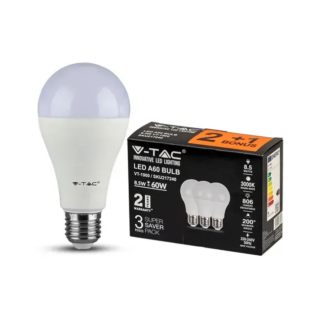 LED lamp, E27/A60/8,5W/806lm/3000K, V-TAC, 3 tk
