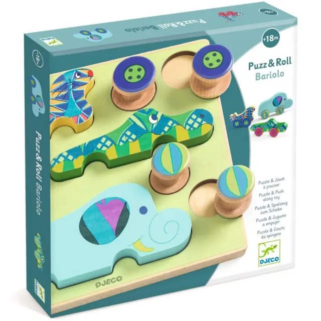 DJECO Puzzle & Push Along Toy Animal Toy Cars aktiveeriv sorteerimismänguasi 18m+ 12 tk