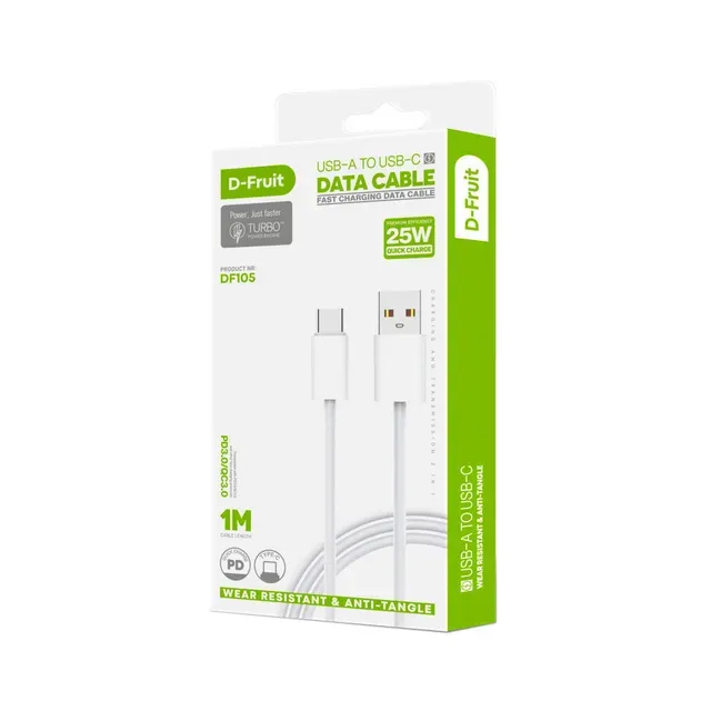 Kaabel USB-A - USB-C 1m, valge, D-FRUIT, 1 tk