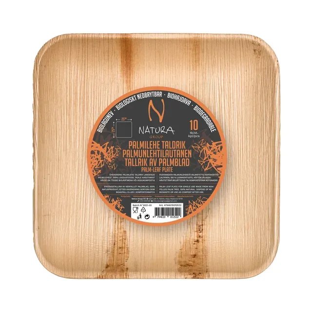 Palmilehest taldrik ruut 25x25cm, NATURA GROUP, 10 tk