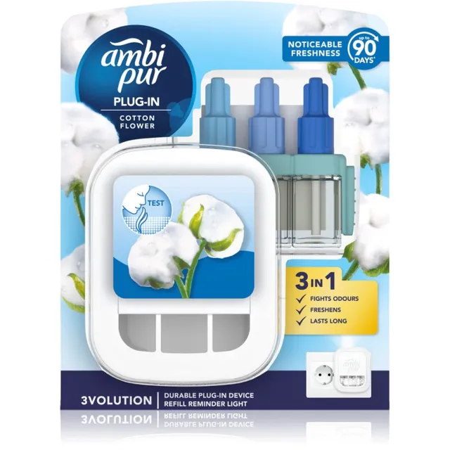 AmbiPur 3volution Cotton Flower elektriline õhuvärskendaja koos täidisega 20 ml
