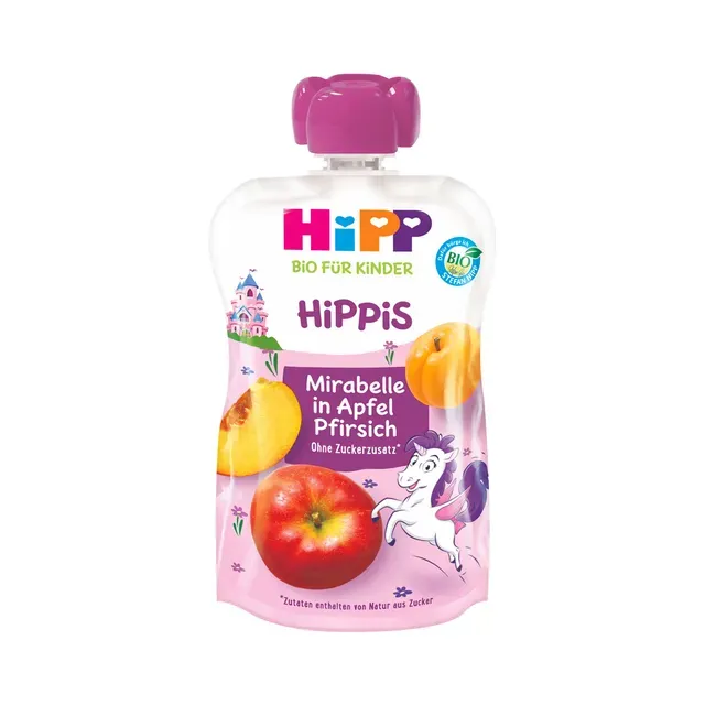Õuna-virsikupüree mirabelle ploomiga ÖKO, HIPP, 100 g