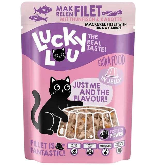 Lucky Lou Extra Food makrellifilee tuunifilee ja porgandiga tarrendis, teraviljavaba kassieine kotikeses