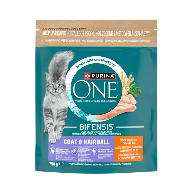 Kuiv kassitoit Coat & Hairball täissööt täiskasvanud kassidele kanaga, PURINA ONE, 750 g