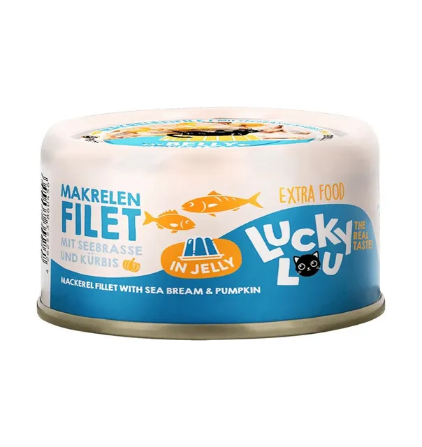 Lucky Lou Extra Food makrellifilee merikogre ja kõrvitsaga tarrendis, konserv kassile 70 g