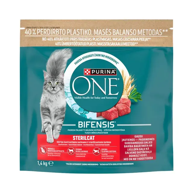 Täissööt Sterilcat täiskasvanud kassidele veisega, PURINA ONE, 1,4kg
