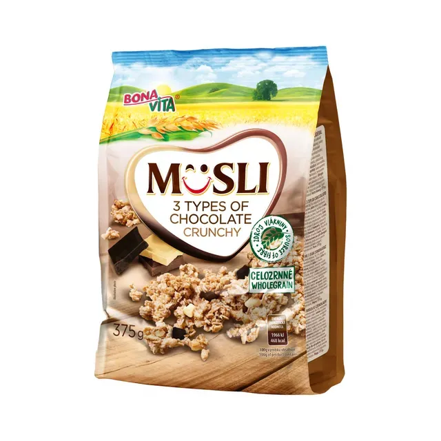 Krõbedaks röstitud müsli kolme šokolaadiga, BONAVITA, 375 g