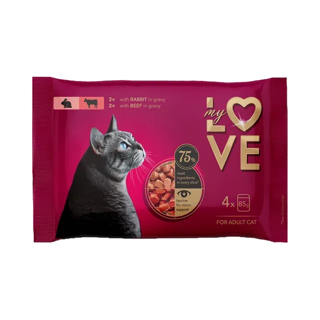 Konserv täiskasv. Kassile küüliku ja veiseliha kastmes 4x85g, MY LOVE,