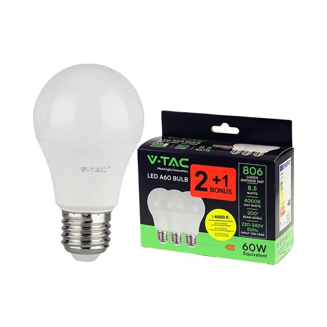 LED lamp 3-pakk, E27/A60/8,5W/806lm/4000K, V-TAC, 1 tk